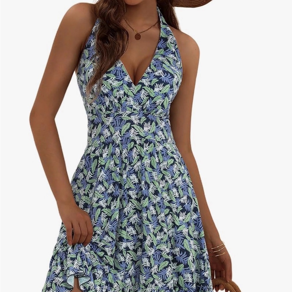 Chic Blue and White Leaf Print Midi Dress